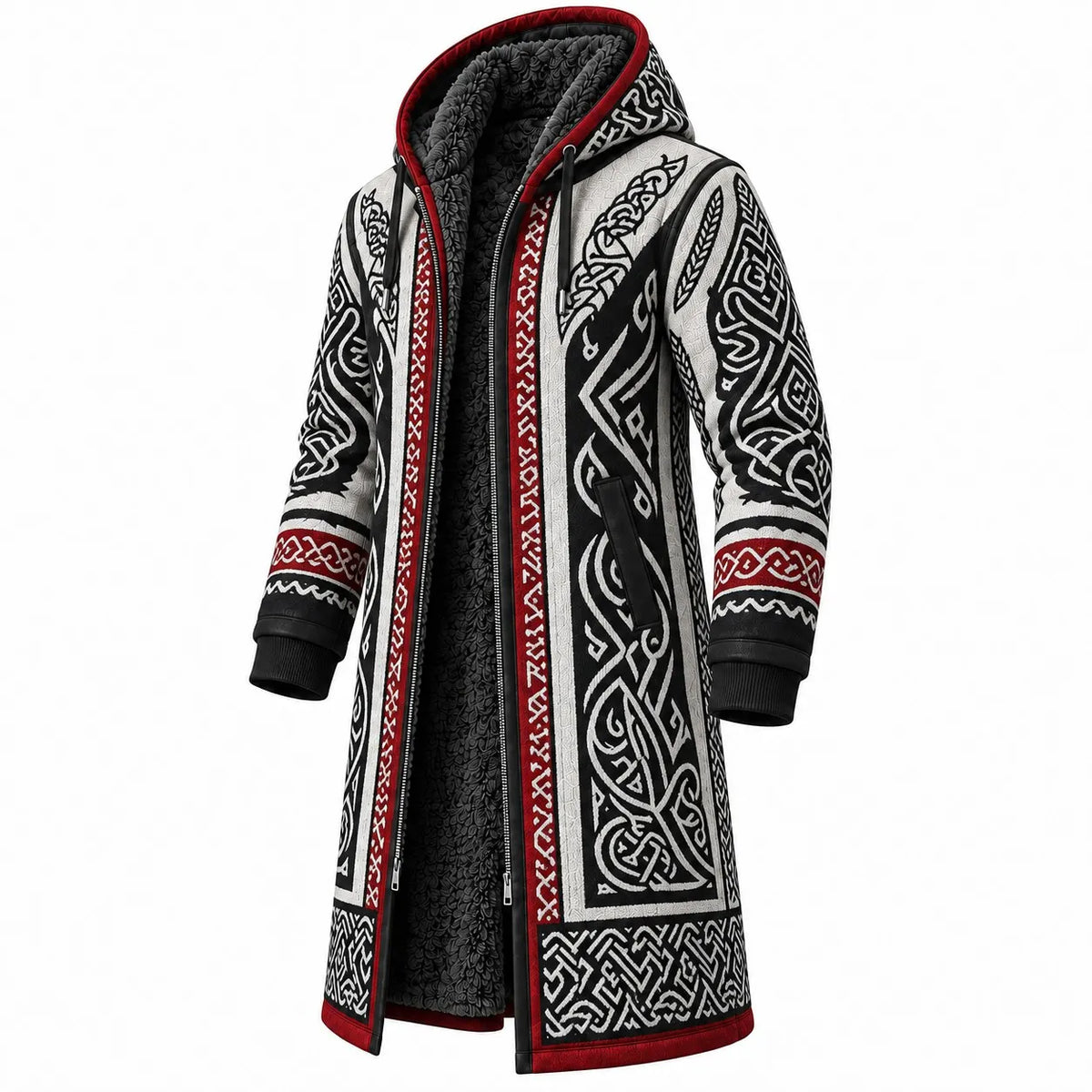 Black White Red Raven Print Longline Hooded Fleece Coat