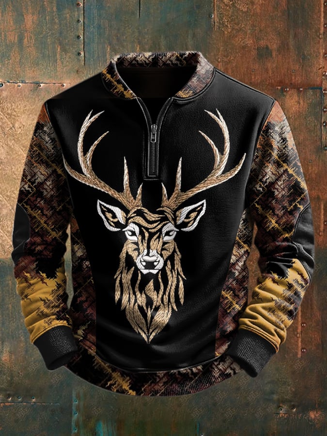 Men's Western Retro Elk Pattern Printed Comfortable Long Sleeve Sweatshirt