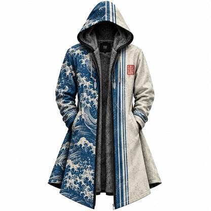 Blue White Japanese Wave Zip-Up Hooded Jacket