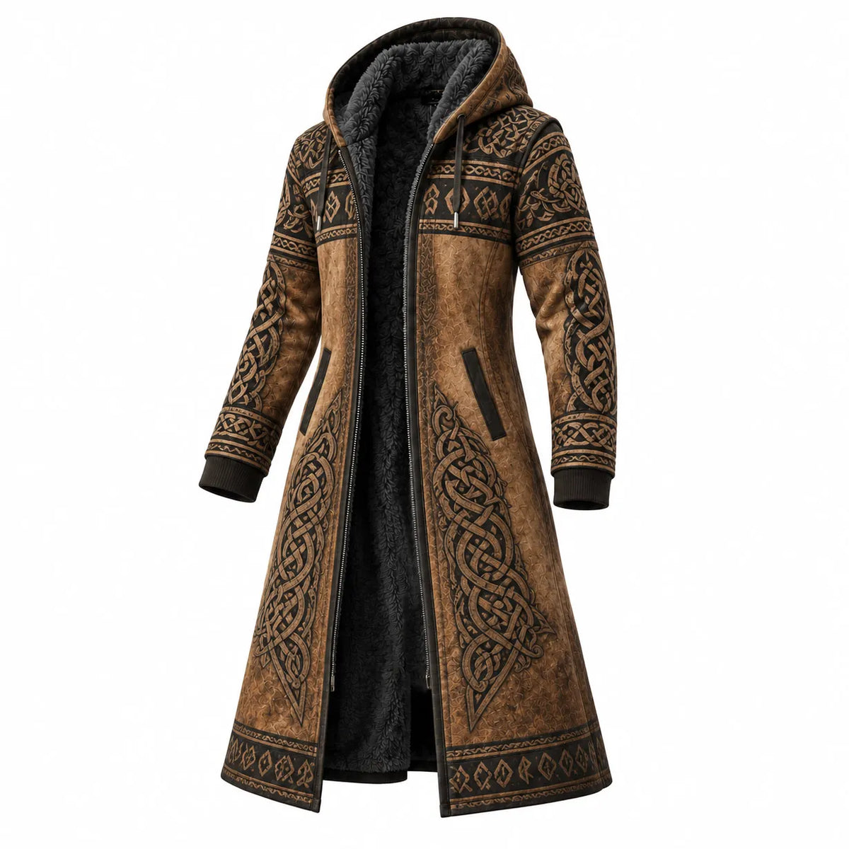 Brown Gold Nordic Ornament Print Longline Hooded Fleece Coat