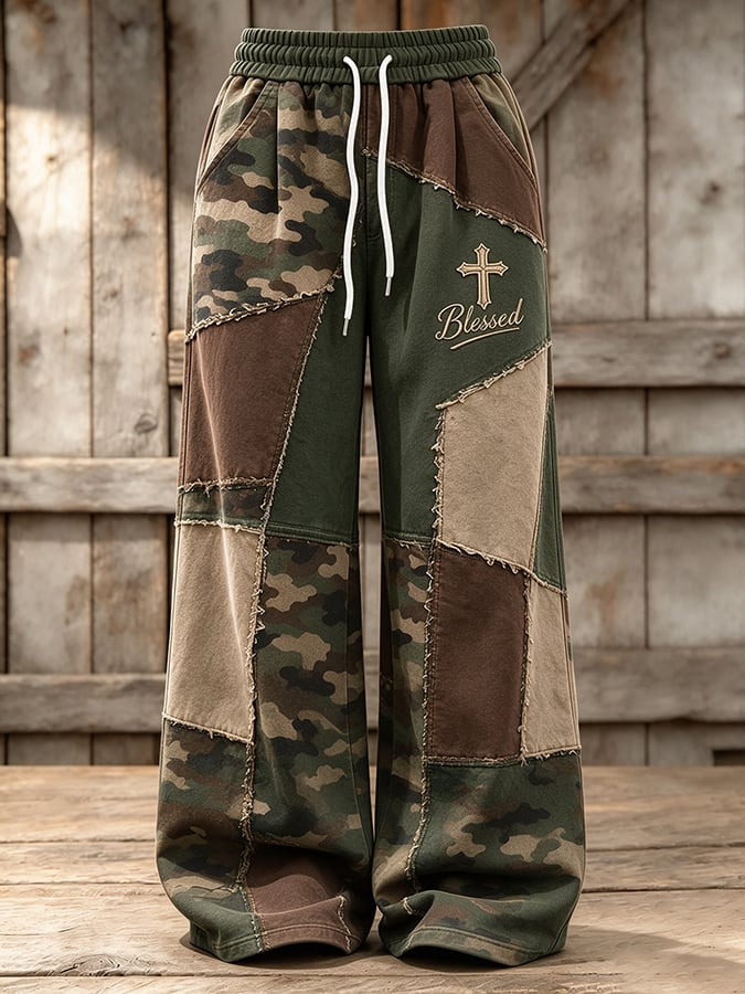 Women's Retro Camouflage Cross Pattern Patchwork Print Casual Sports Pants