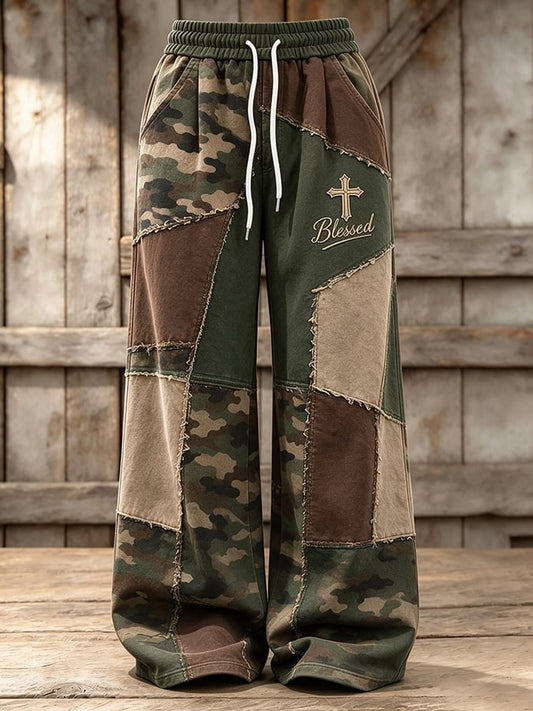 Women's Retro Camouflage Cross Pattern Patchwork Print Casual Sports Pants