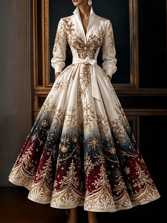 Women's Snowflake Christmas Tree Beaded Print Long Sleeve Maxi Dress