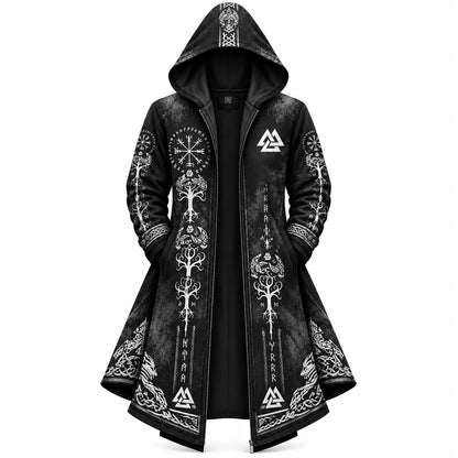 Black Viking Tree Rune Zip-Up Hooded Jacket