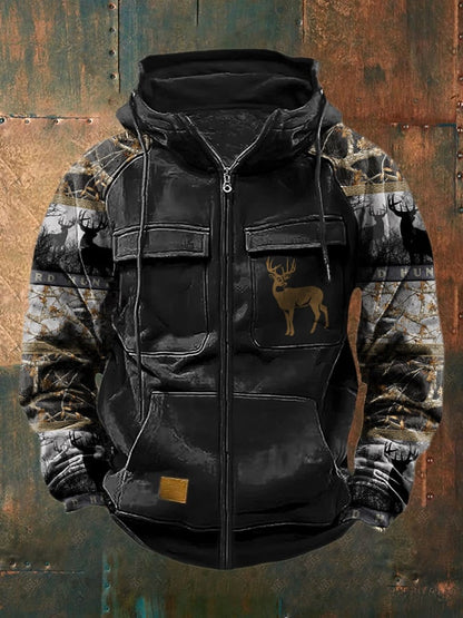 Men's Vintage Western Deer Print Multi-Pocket Jacket