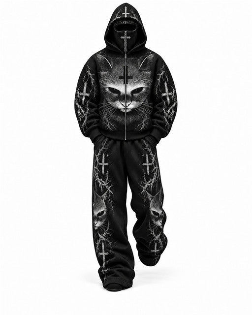Black Gothic Cat Cross Mask Hoodie Tracksuit Set