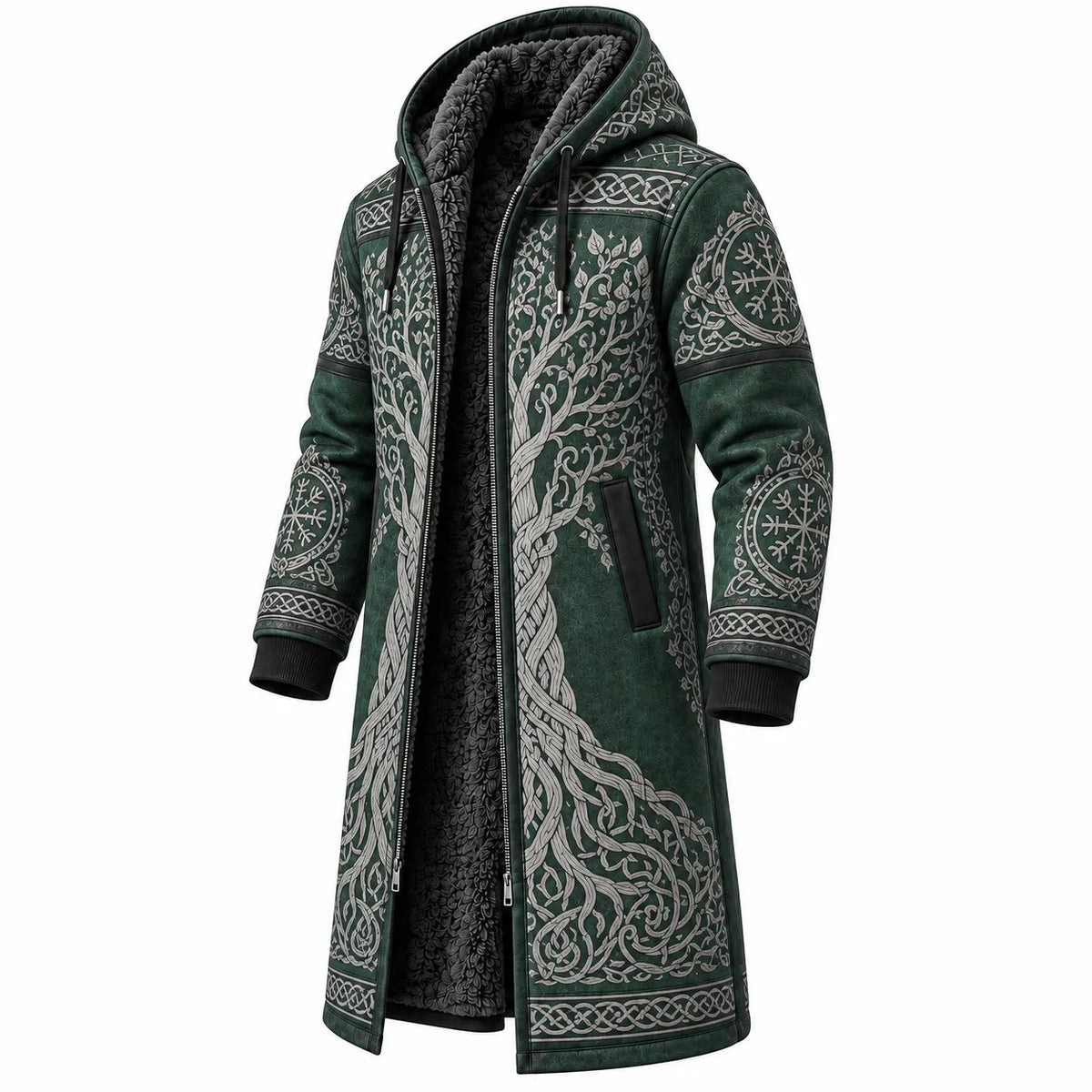 Forest Green Celtic Pattern Longline Hooded Fleece Coat