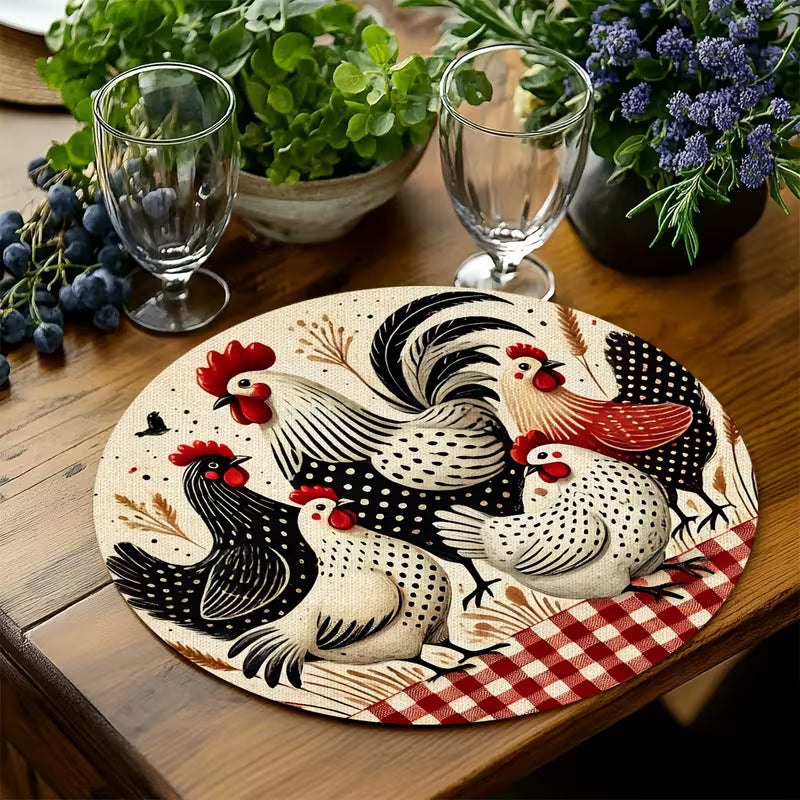 Farmhouse Rooster Round Placemat – Rustic Chicken Kitchen Table Decor