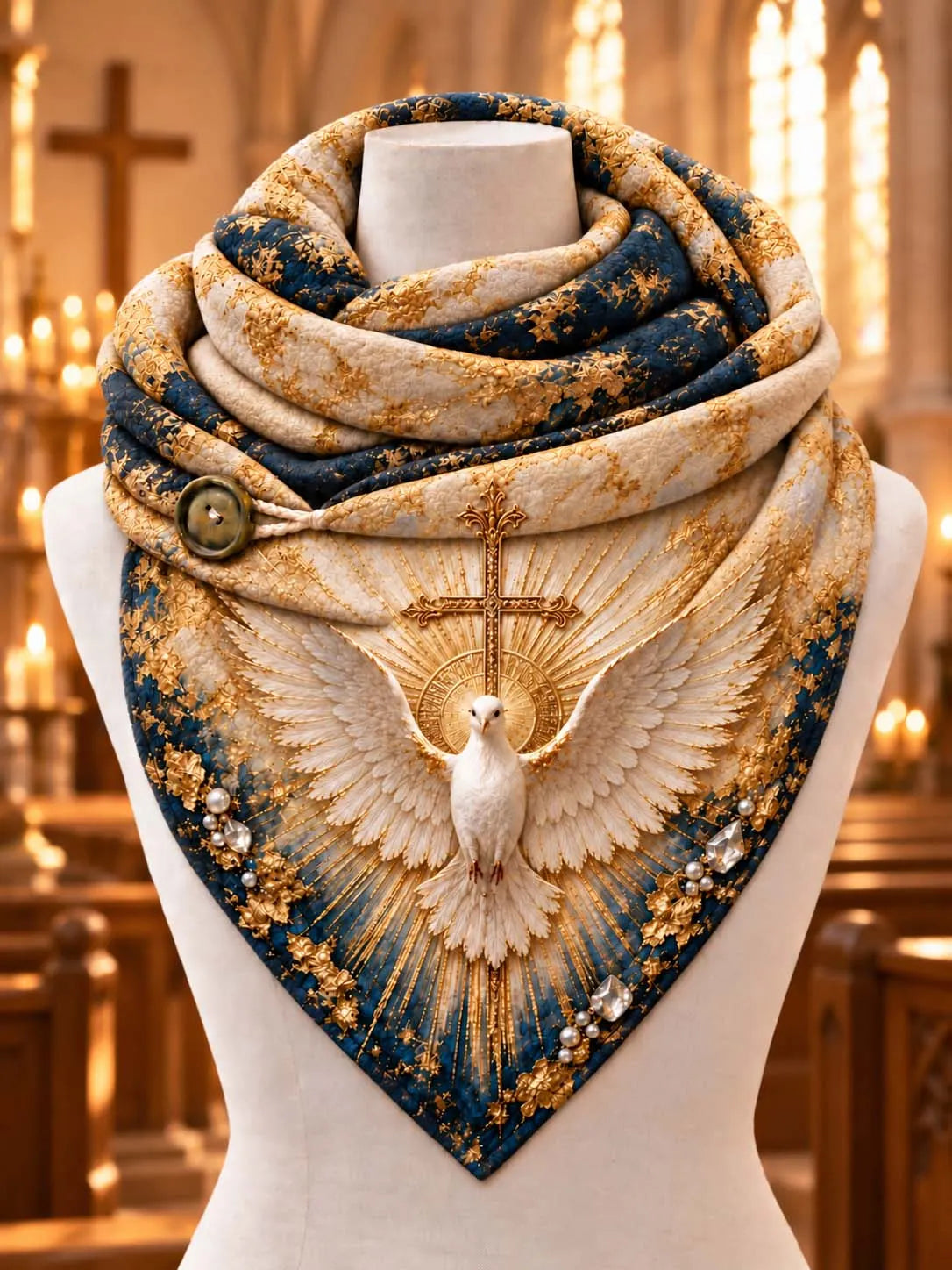 🕊️ Divine Holy Spirit Dove & Radiant Golden Cross Scarf