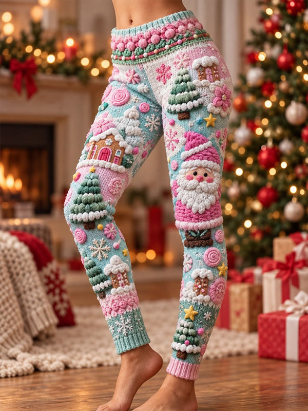 Women's Santa Gingerbread House Candy Floral Christmas Art Print Leggings