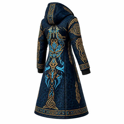 Royal Blue Gold Nordic Pattern Longline Hooded Fleece Coat