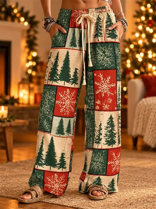 Women's Patchwork Christmas Tree Snowflake Print Casual Wide Leg Pants