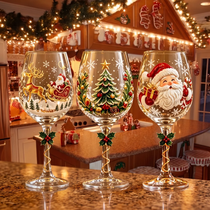 Christmas wine glasses - reindeer tree santa