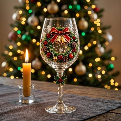 Christmas wine glasses - holiday wreath
