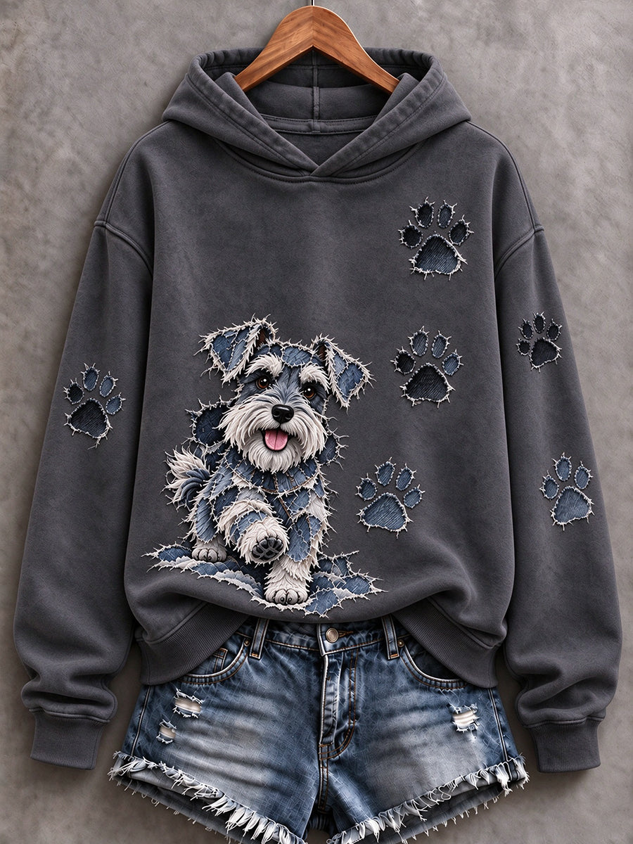 Women's Schnauzer & Paw Prints Patchwork Print Casual Hoodie