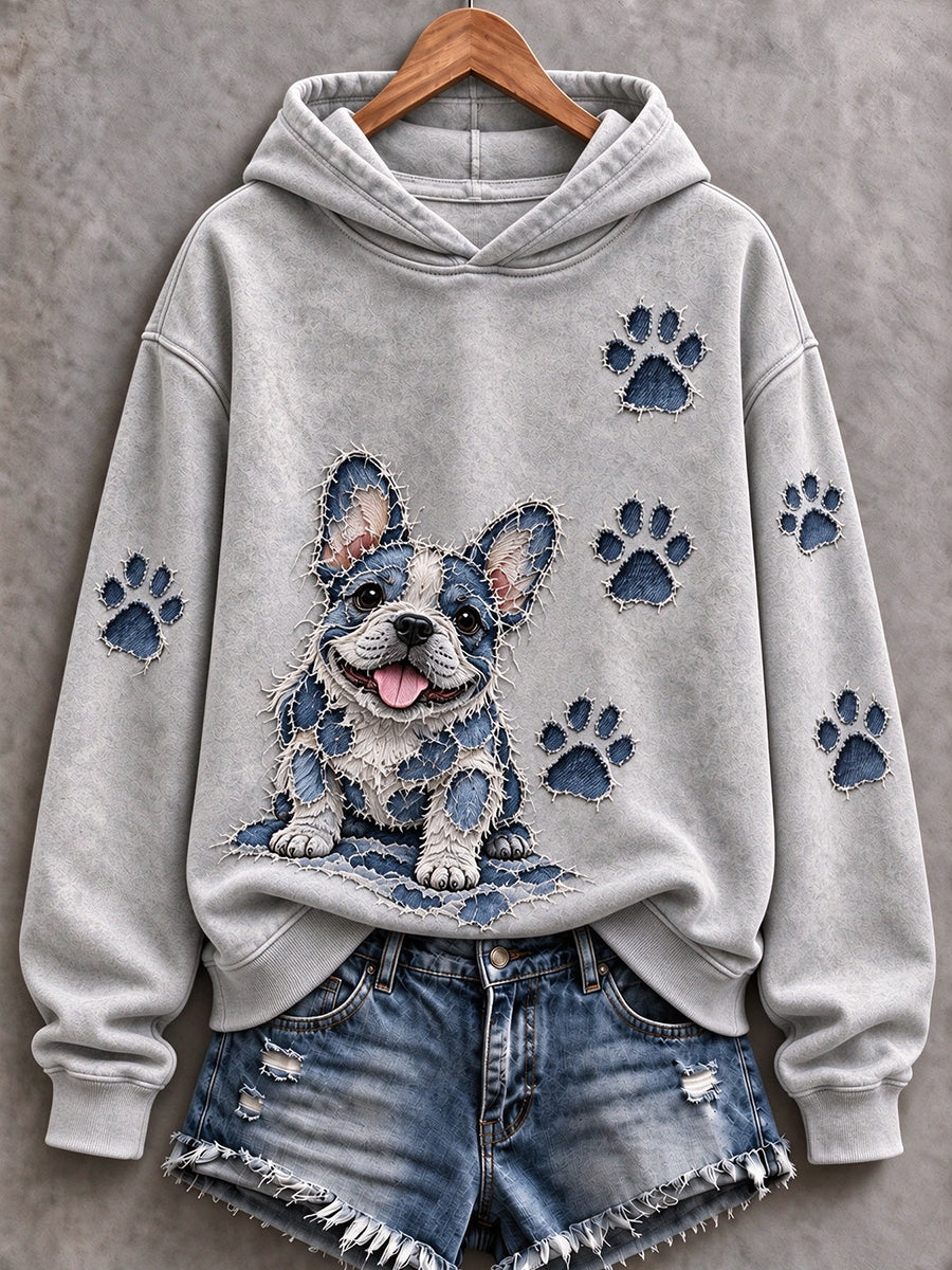 Women's French Bulldog & Paw Prints Patchwork Print Casual Hoodie