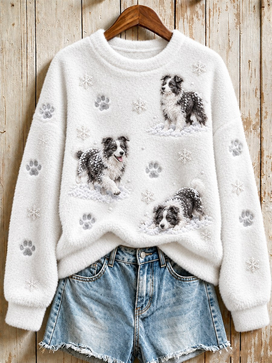 Women's Border Collie Dogs in the Snow Snowflakes Print Flannel Sweatshirt