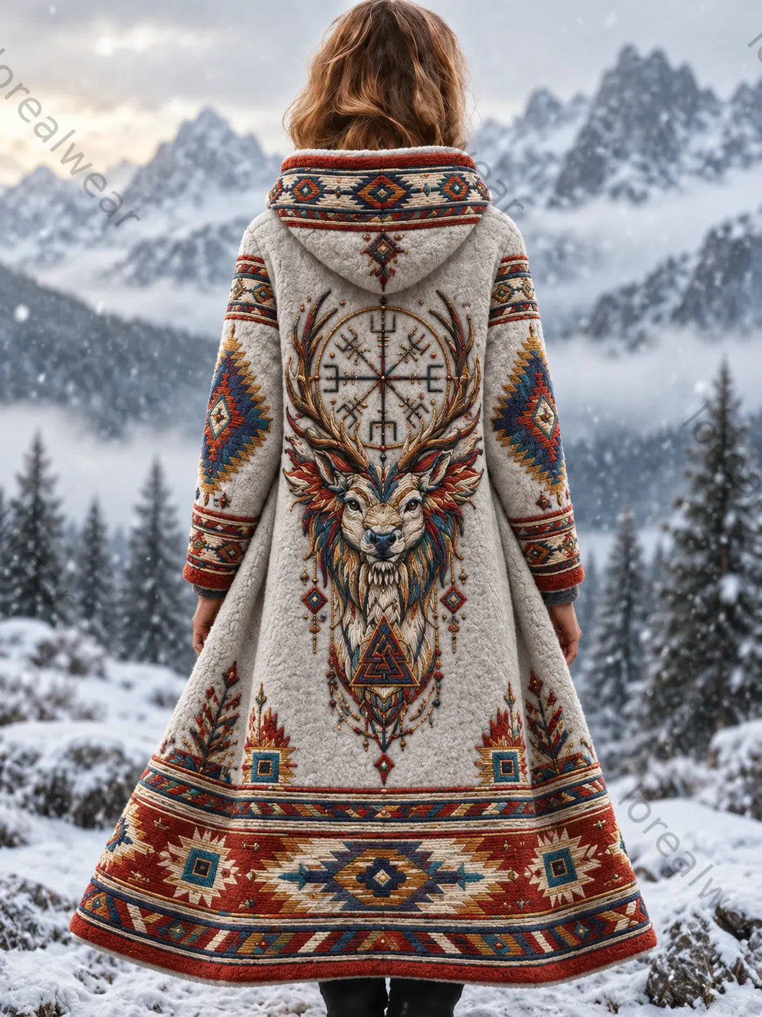 Women's Vintage Viking Wolf Head Aztec Thick Flannel Jacket