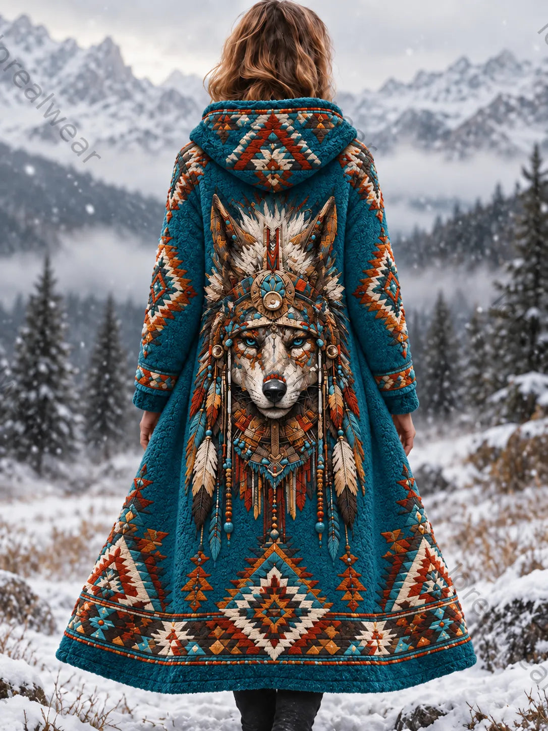 Women's Vintage Viking Wolf Head Aztec Thick Flannel Jacket