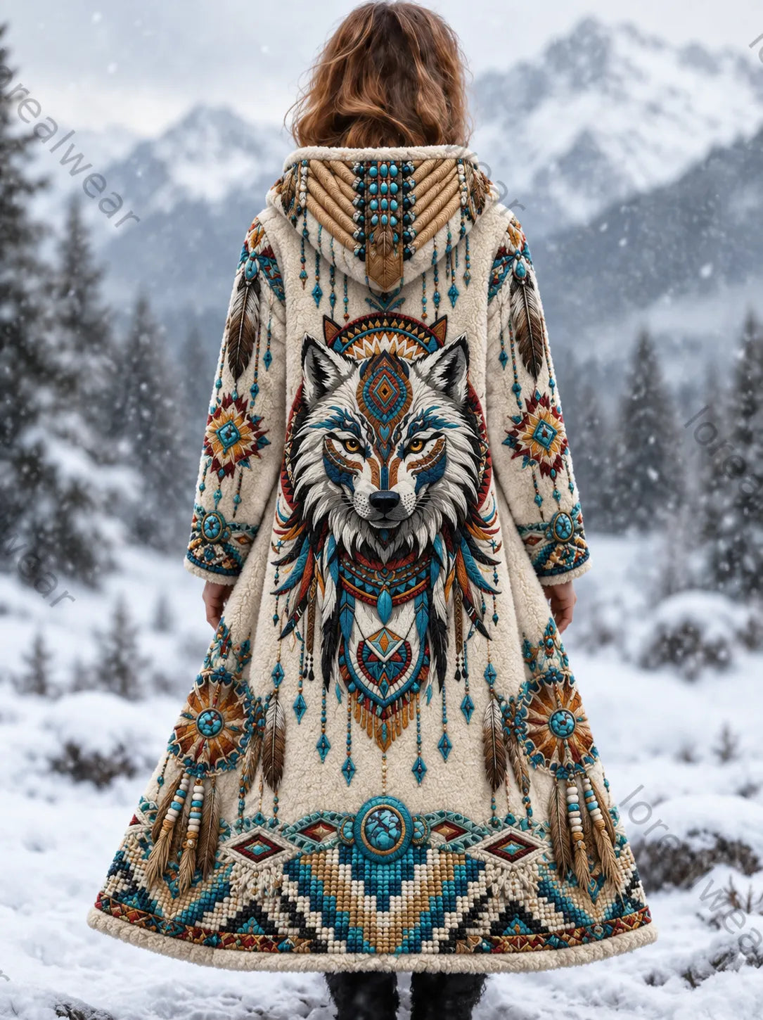 Women's Vintage Viking Wolf Head Aztec Thick Flannel Jacket