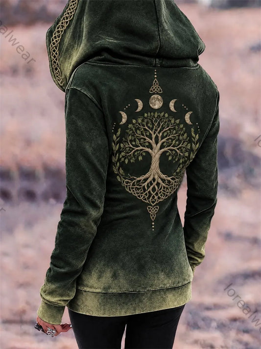 Women's Vintage Viking Tree of Life Moon Phase Celtic Knot Print Full Zip Hoodie