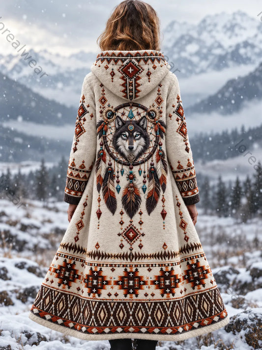 Women's Vintage Viking Wolf Head Aztec Thick Flannel Jacket