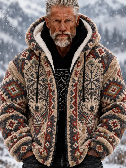 Men's Vintage Viking Wolf Head Aztec Thick Flannel Jacket