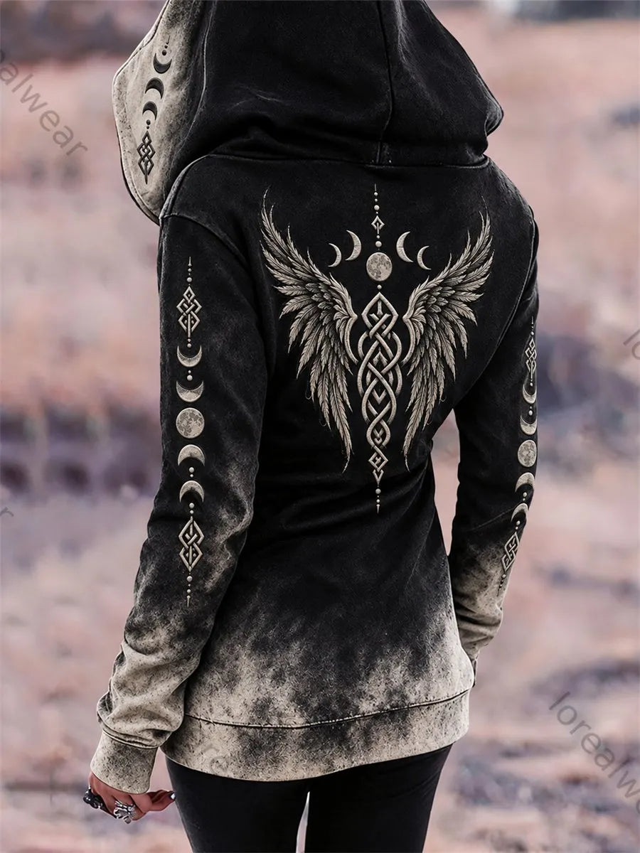 Women's Vintage Viking Wings Moon Phase Celtic Knot Print Full Zip Hoodie