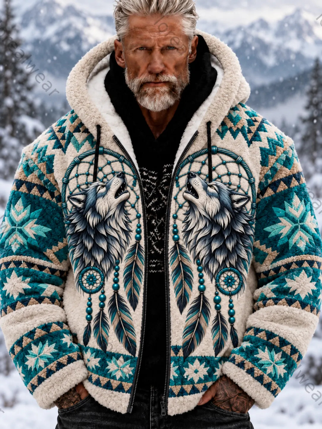 Men's Vintage Viking Wolf Head Aztec Thick Flannel Jacket