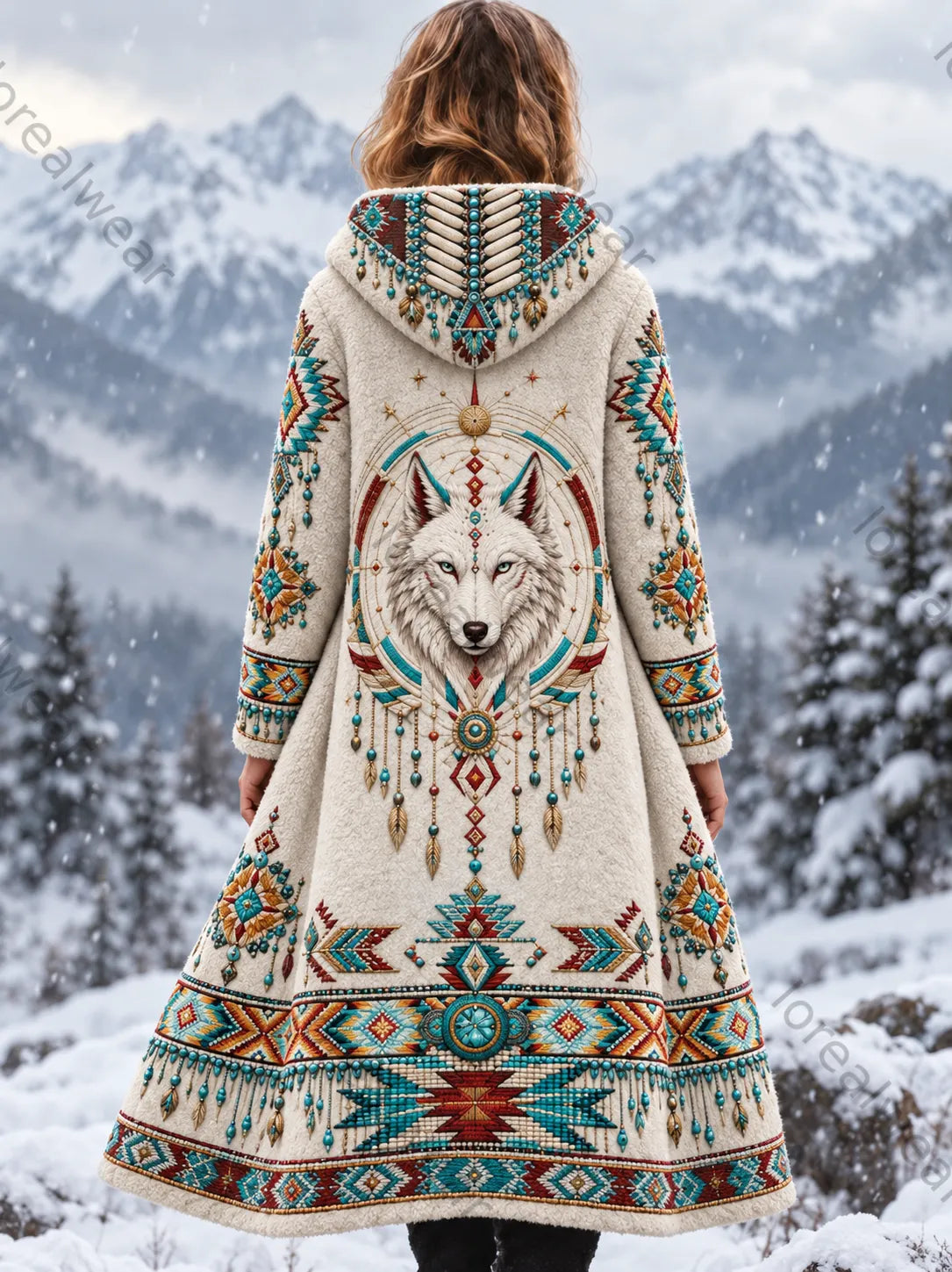 Women's Vintage Viking Wolf Head Aztec Thick Flannel Jacket