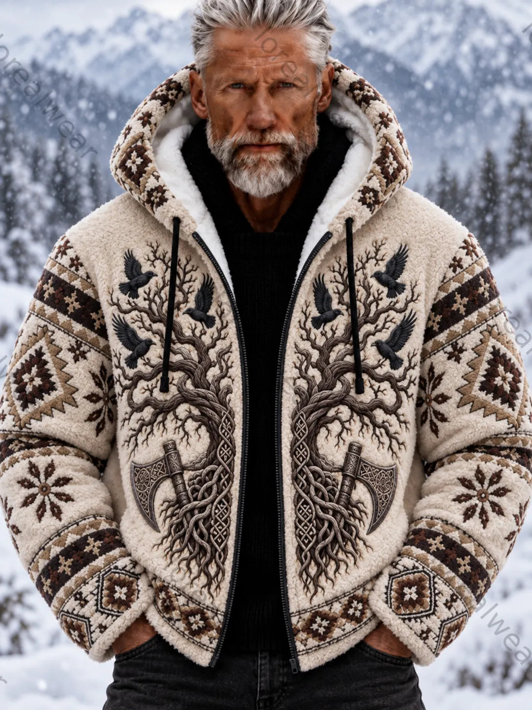 Men's Vintage Viking Wolf Head Aztec Thick Flannel Jacket