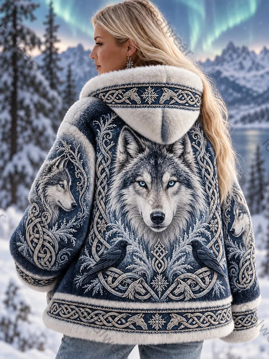 Women's Vintage NordicVikingScandinavian Style Art-Print Casual Flannel Cozy Jacket